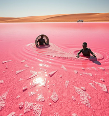 Pink salt lake with swimmers